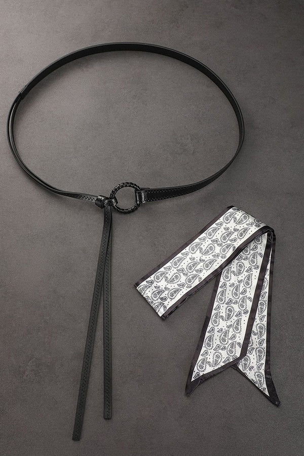 Vintage Silk Scarf Leather Thin Belt