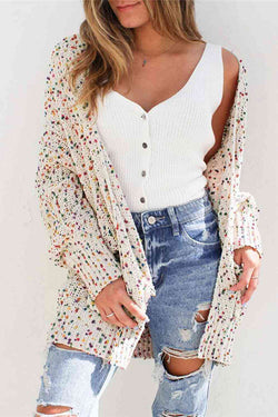 Aminga Colorful Spotted Pocket Crochet Long Sleeved Cardigan