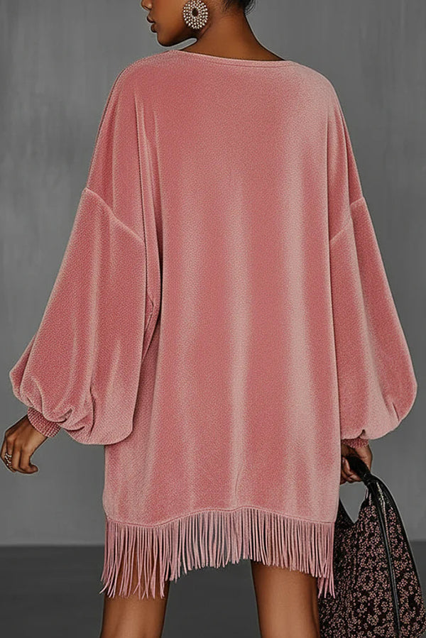 Solid Color Loose Long-sleeved Casual Tassel Hem Mini Dress roschic Solid Color Loose Long-sleeved Casual Tassel Hem Mini Dress roschic