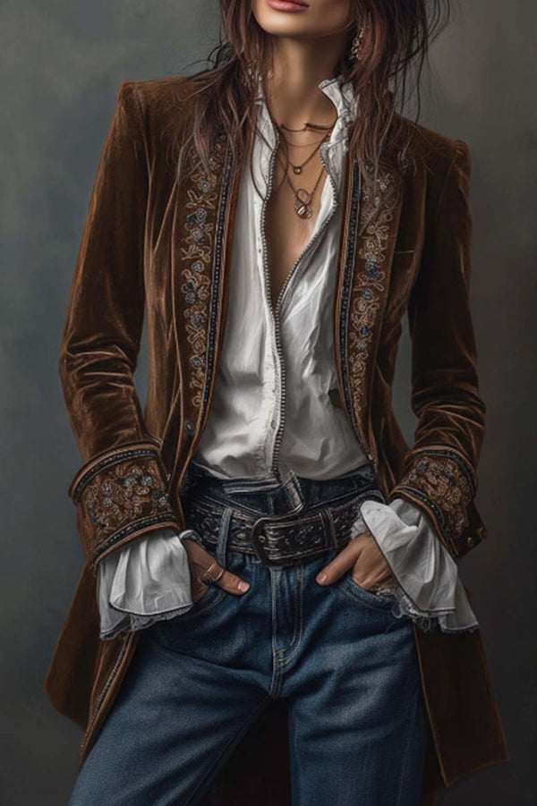 Gold Velvet Patchwork Printed Edge Long-sleeved Casual Jacket