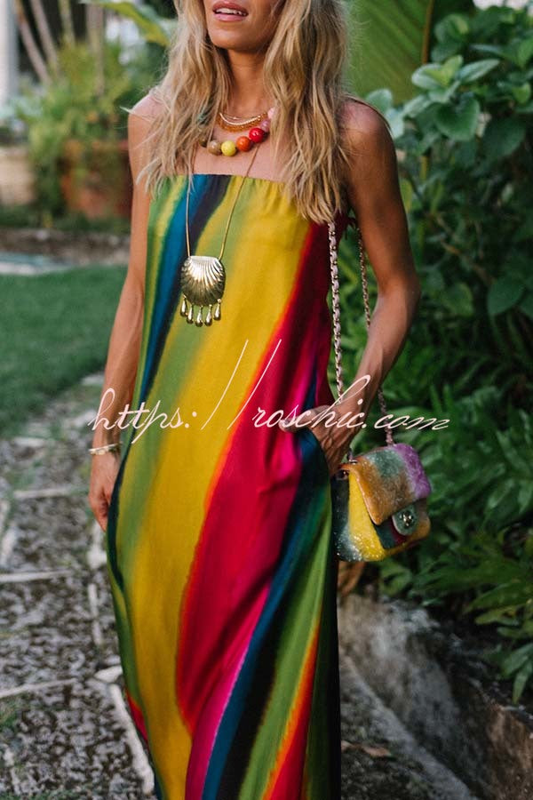 Artistic Rainbow Satin Watercolor Print Off Shoulder Pocketed H-line Maxi Dress