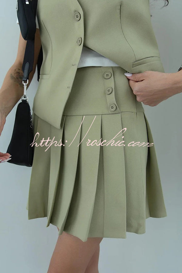 Solid Color Sleeveless Buttoned Vest and High-waisted Pleated Mini Skirt Set