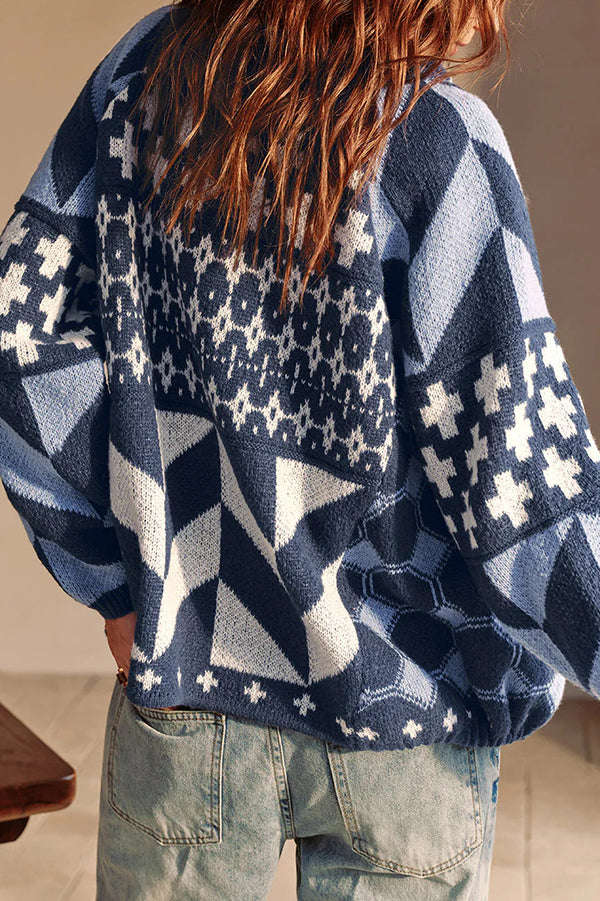 Unique Pattern Lapel Loose Long-sleeved Knitted Sweater