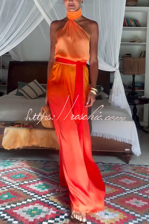 Chase The Sun Gradient Print High Neck Backless Tie-up Maxi Dress  roschic