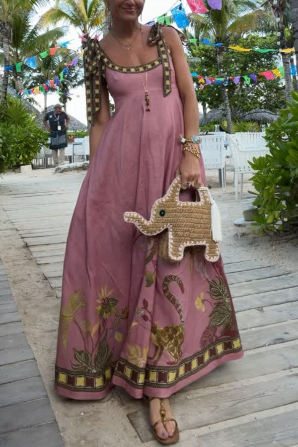vacation maxi dress Unique Printed Tie-up Suspenders Elegant Vacation Maxi Dress – roschic