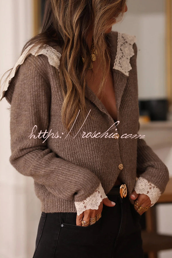 Fashionable Lace-trimmed Sailor Collar Casual Knit Cardigan