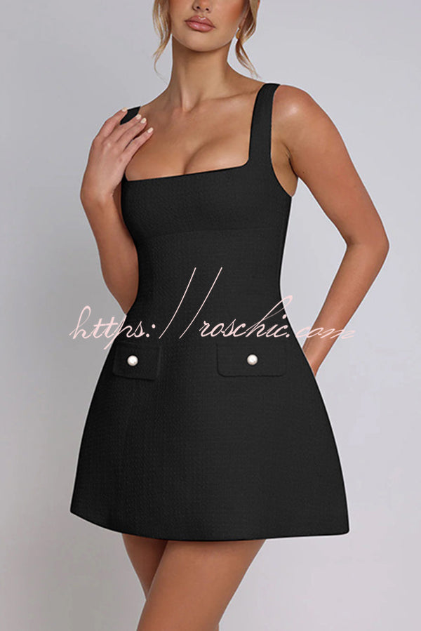 Elegant Tweed Square Neck Open Back Slim Pocket Mini Dress