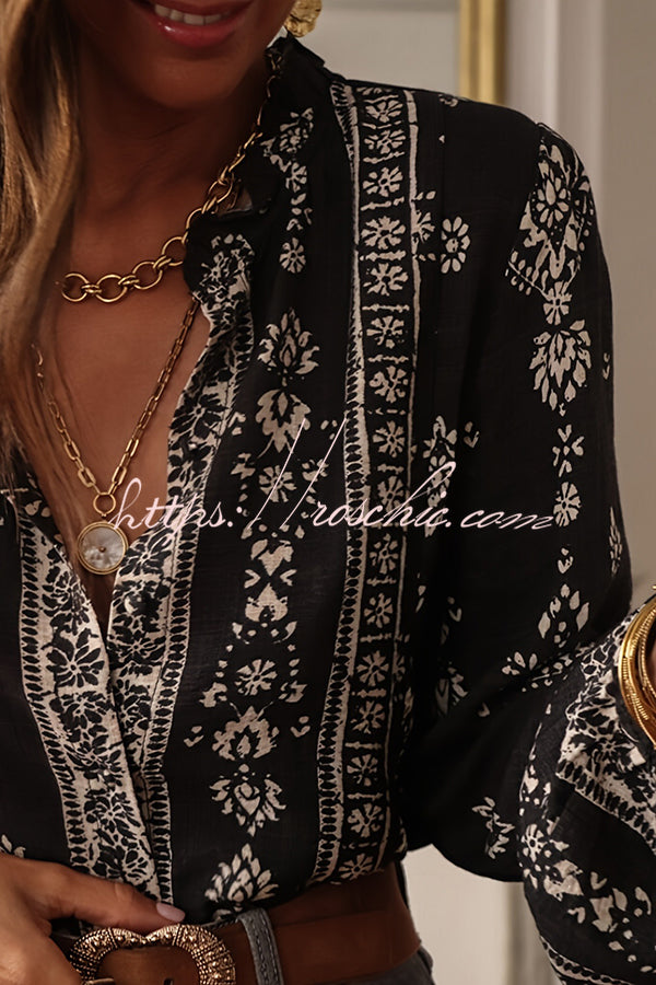 Unique Print Long-Sleeved Button-Up Elegant Shirt
