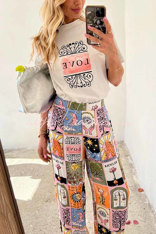 Whimsical Tarot Inspired Print Dolman Sleeve Flowy Shirt and Elastic Waist Wide Leg Pants Set