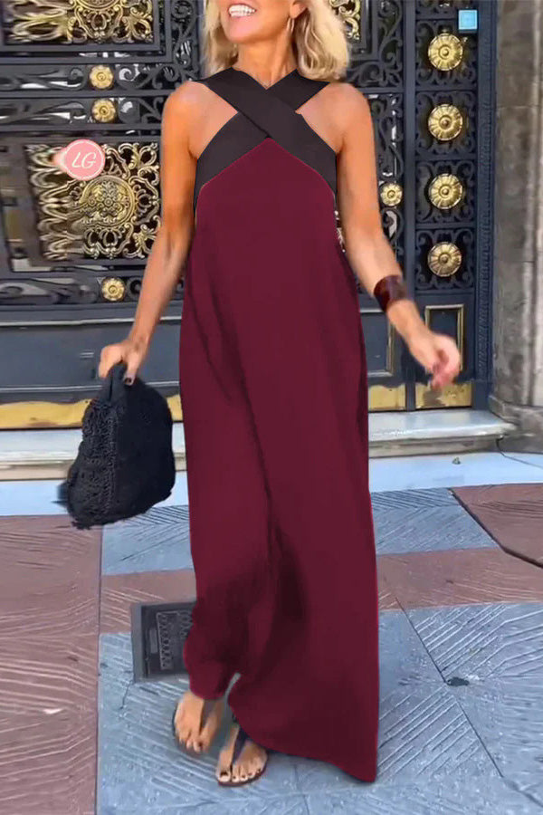 Stylish Crossover Backless Sleeveless Loose Maxi Dress, Wine Red / M