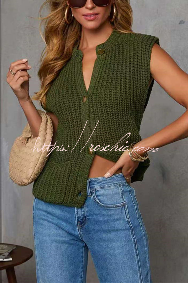 Solid Color Sleeveless Button Pocket Knit Vest