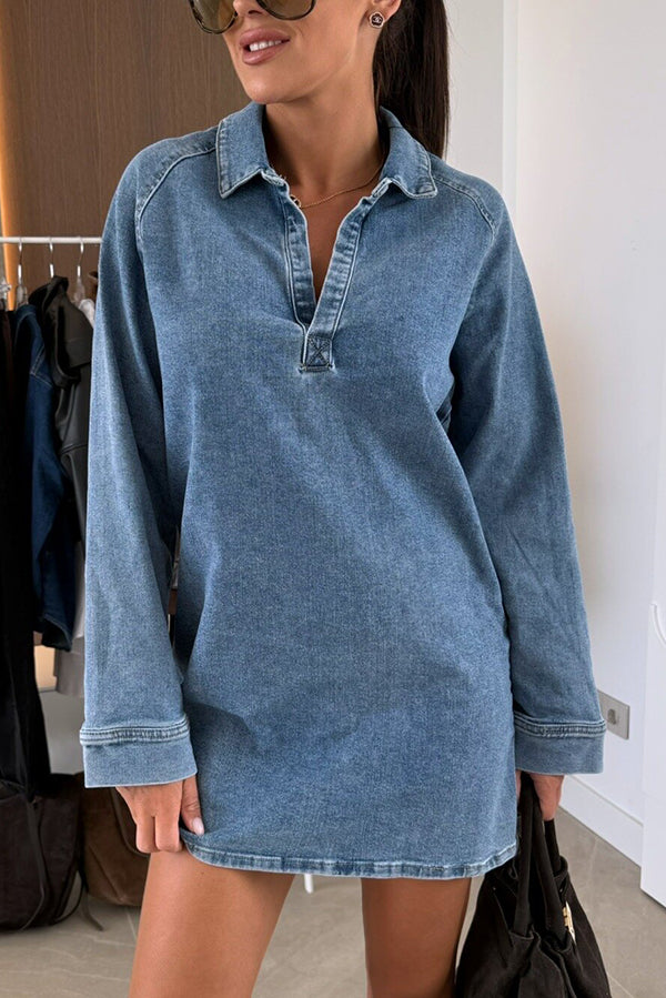 Fashion Lapel Long Sleeve Loose Denim Mini Dress