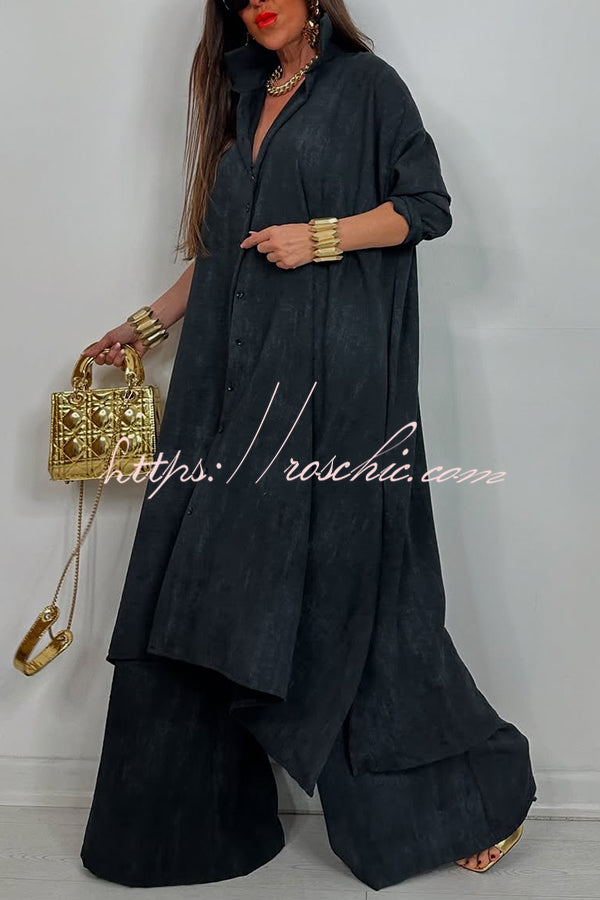 Solid Color Casual Loose Long Shirt and Elastic Waist Pocket Wide Leg Pants Set