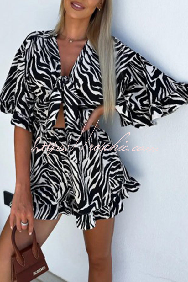 Zebra Print Ruffled Sleeves Dropped Sleeves V Neck Tie High Waist Romper