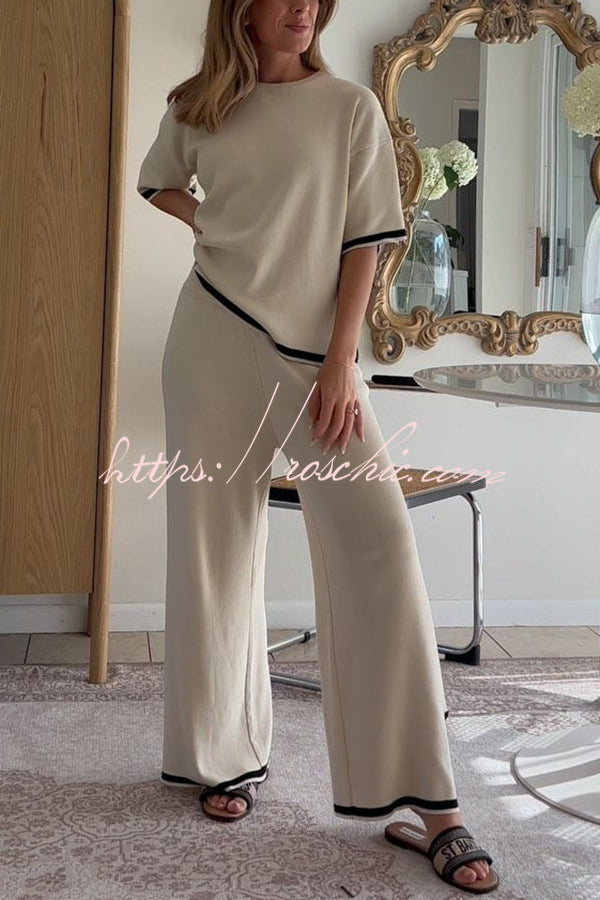 Lounge or Casual Wear Knit Patchwork Color Block Short Sleeve Top and Elastic Wide Leg Pants