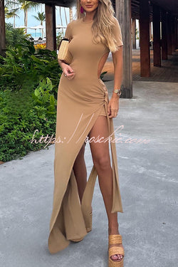 Holiday Party Ribbed Knit Cutout Waist Straps Slit Maxi Dress