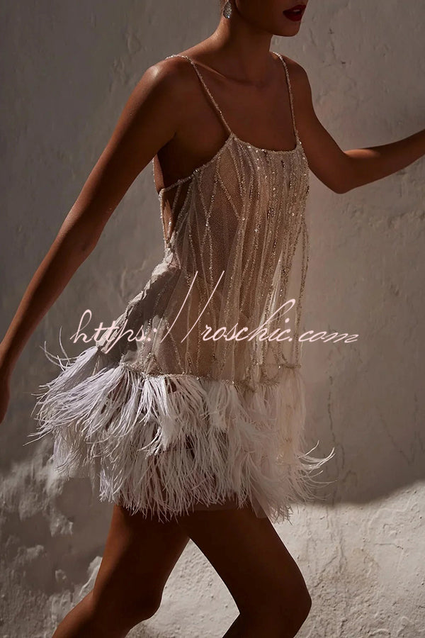 Fairy Lights Sequin Layered Feather Fringed Mesh Mini Dress, White / XL