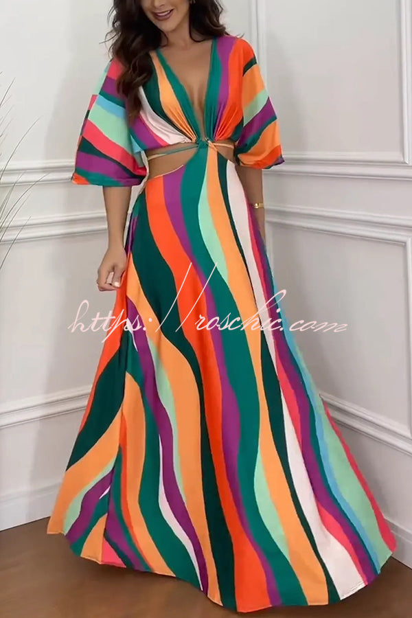 Wilma Unique Print Cutout Elastic Waist Tie-up Kimono Sleeve Maxi Dress