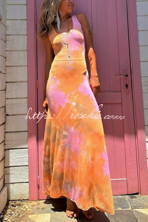 La Bamba Tie-dye Print Back Lace-up Stretch Maxi Dress