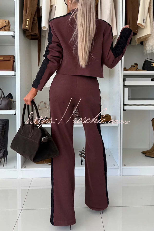 Fashion Lace Panel Long-sleeved Crop Top and Elastic Waist Tie Pocket Casual Pants Set