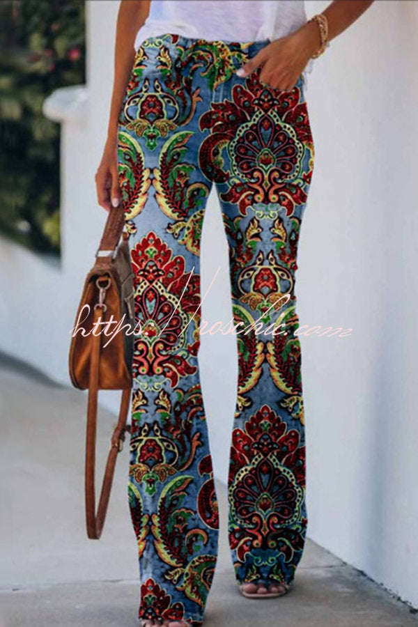 On A Drive Printed Faux Denim High Rise Flare Pants