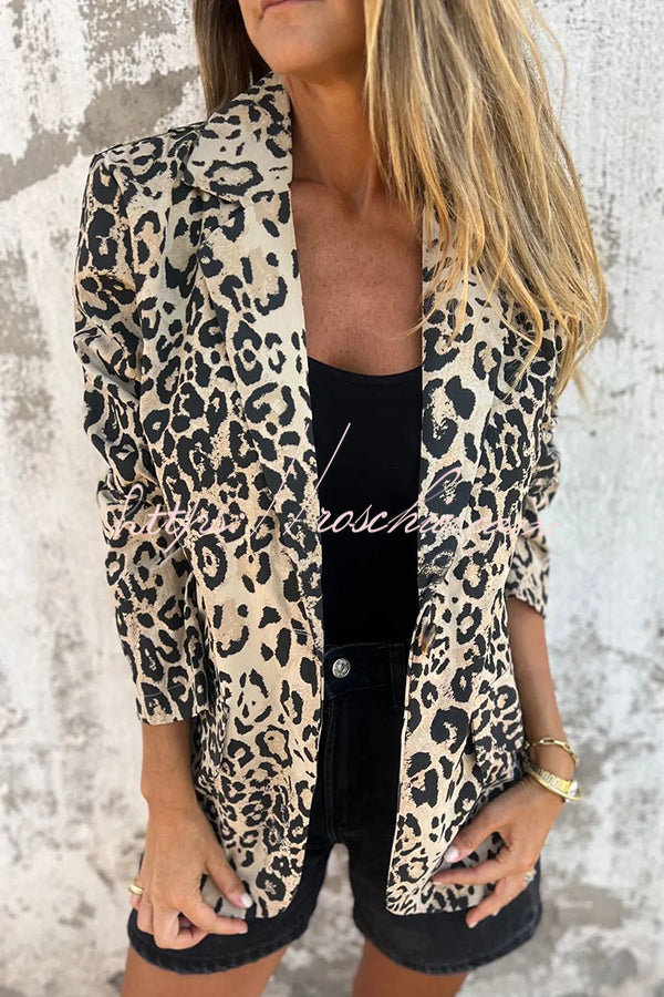 Leopard Print Lapel Long Sleeve Casual Blazer