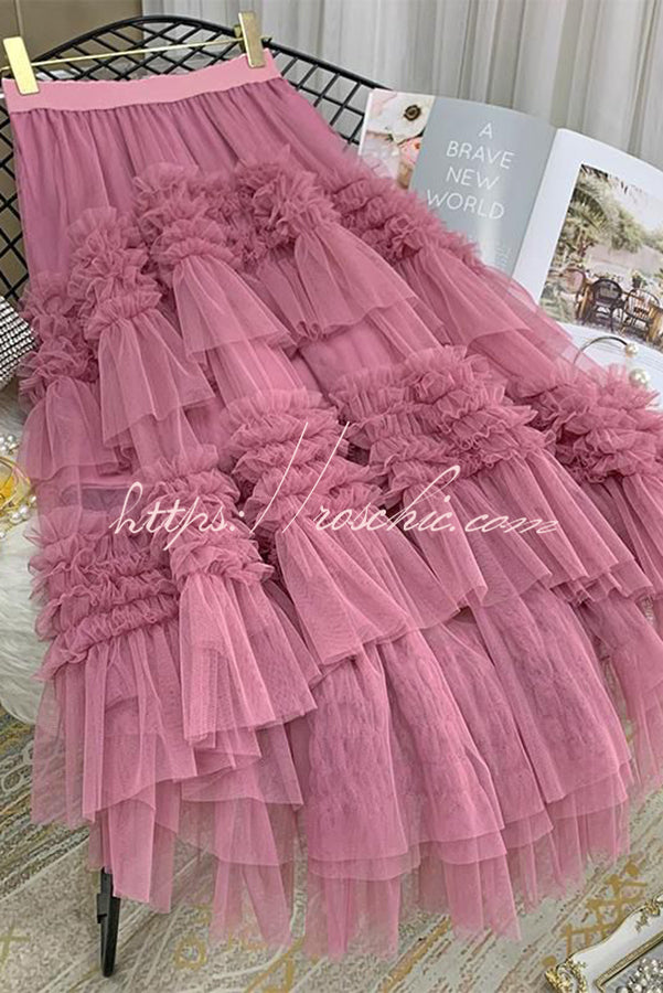 Elegant Mood Tulle Pleated Ruffle Elastic Waist Tiered Midi Skirt