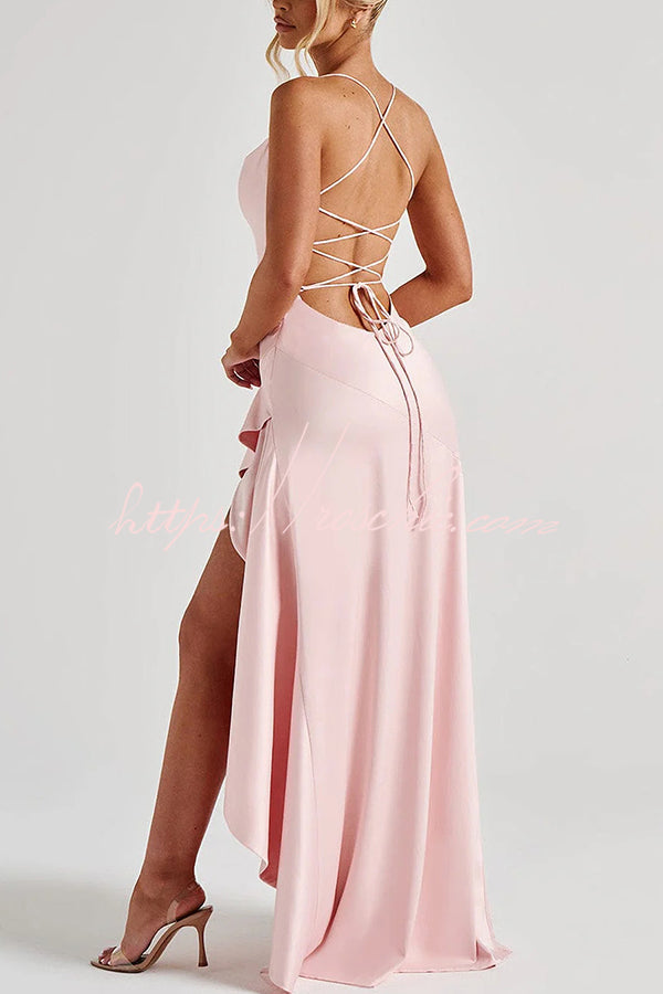 Samira Satin Back Lace-up Ruffles High Low Slit Maxi Dress – roschic