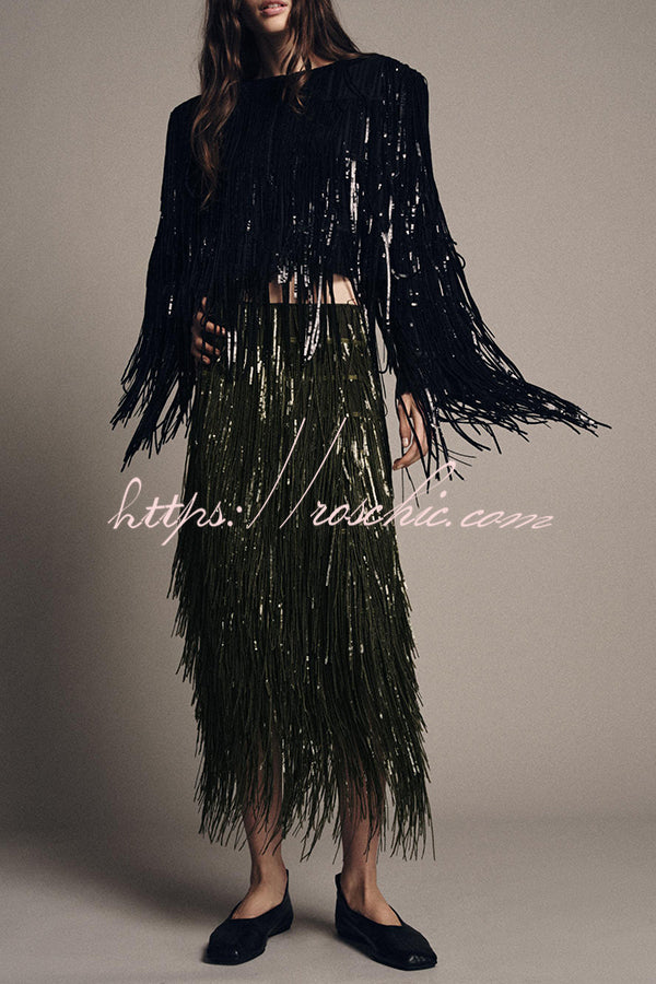 Party Crasher Layered Sequined Tassels Long Sleeve Loose Jacket