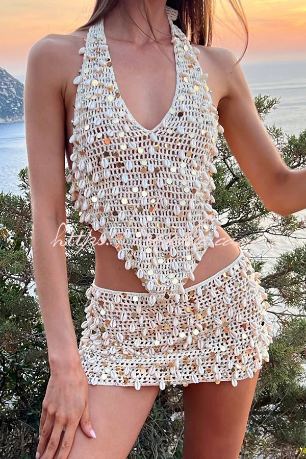 Sexy Halter Back Shell Sequined Top and Fitted Beach Mini Skirt Set