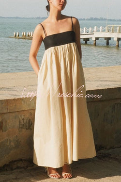 Linen Blend Sexy Sling Backless Contrast Maxi Dress