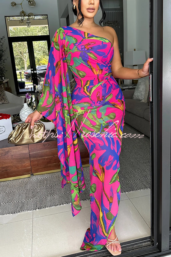 Colorful Printed One-sleeve Slim-fitting Slit Maxi Dress