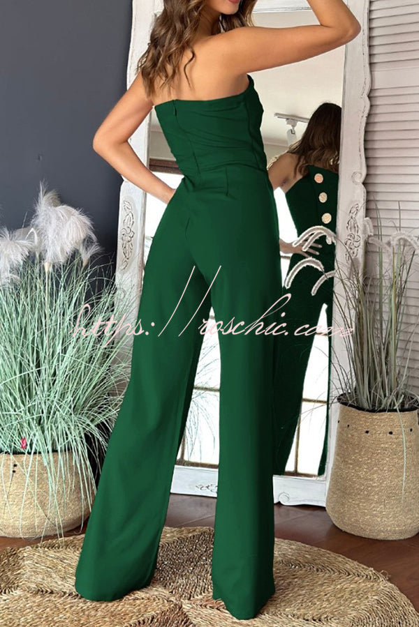 Solid Color Sexy Tube Top Gold Button Embellished Bootcut Jumpsuit