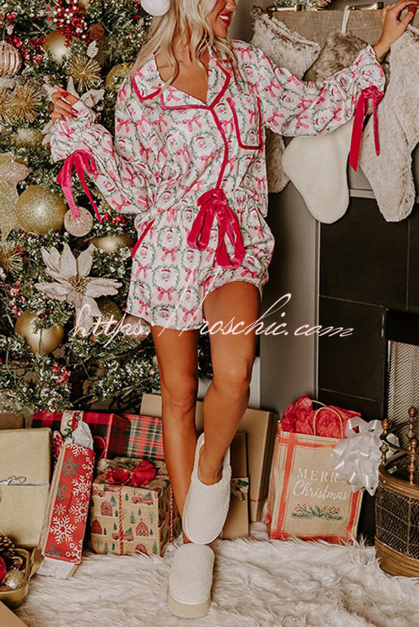 Christmas Dreaming Satin Santa Print Velvet Trim Elastic Waist Pocketed Pajama Shorts Set