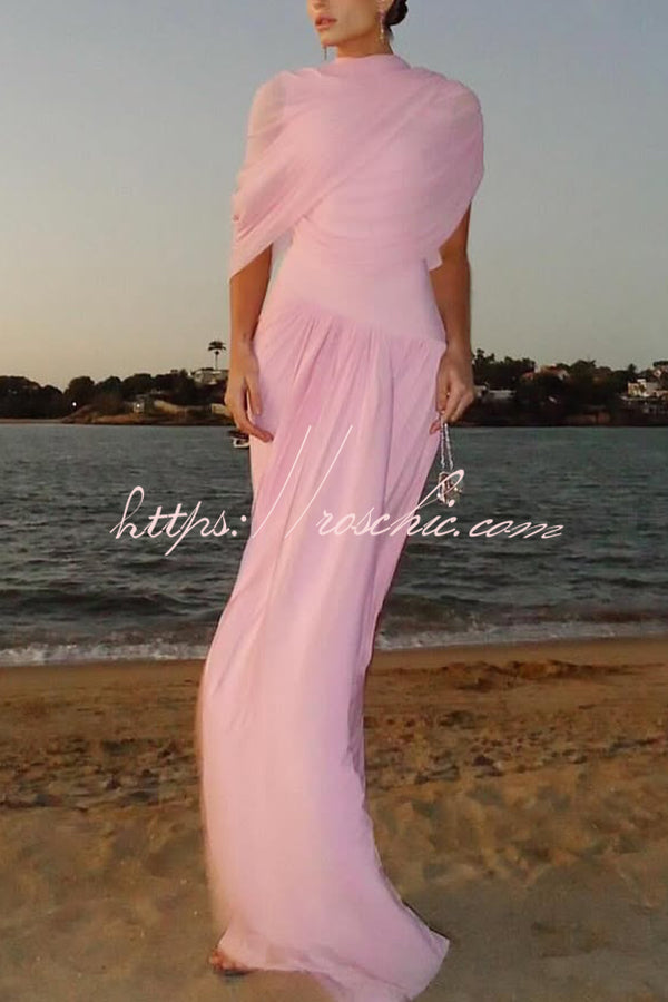 Elegant Mesh Cape-style Pleated Draped Maxi Dress