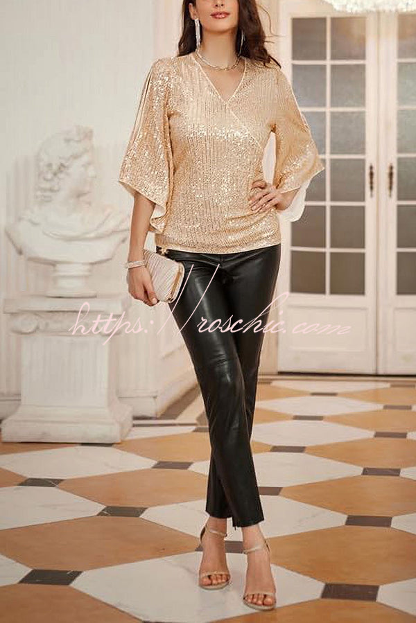 Solid Color Sequined V-neck Hollow Sleeve Slim Fit Top