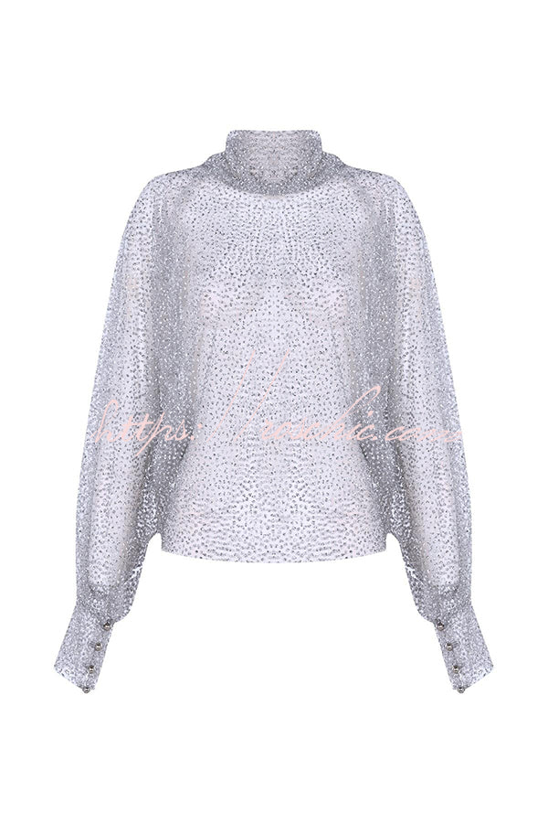 Wear Tool Glitter Decoration Mesh High Neck Lantern Sleeve Blouse