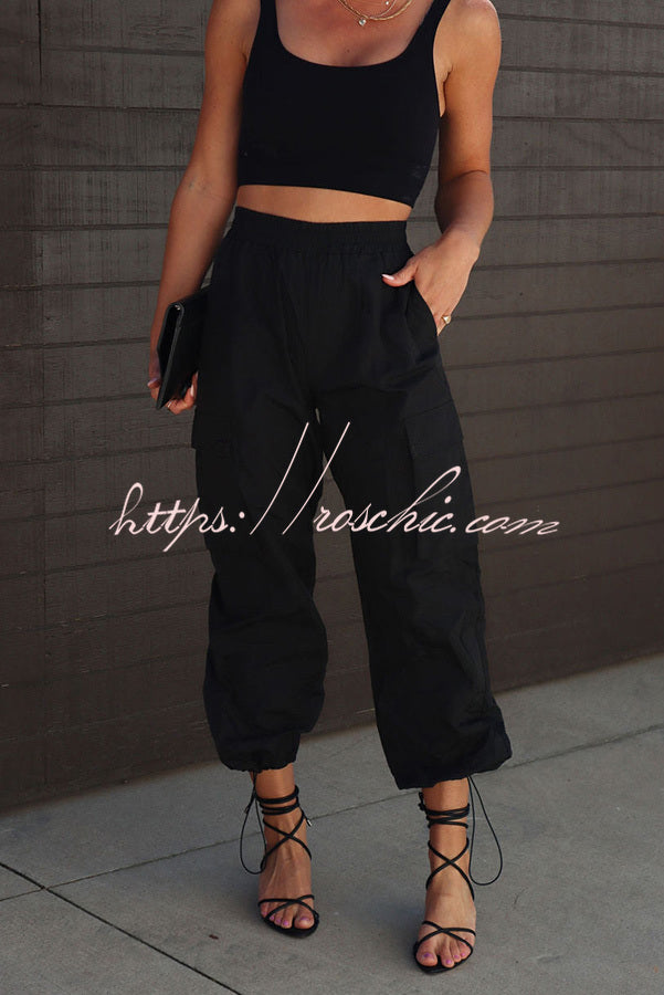 Let��s Rewind Nylon Elastic Waist Pocketed Cargo Pants