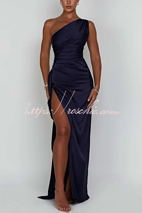 Fits Your Curves Satin One Shoulder Drape Slit Maxi Dress