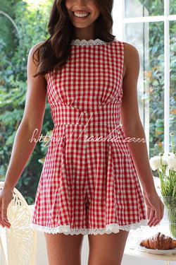 Plaid Print Sleeveless Pleated Waist Casual Rompers