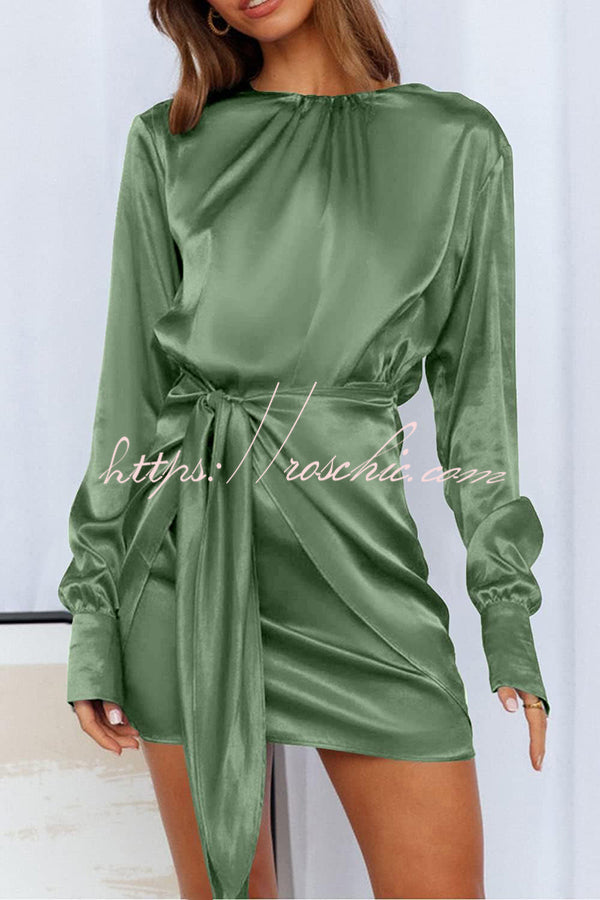 Satin Round Neck Long Sleeve Elastic Tie Mini Dress