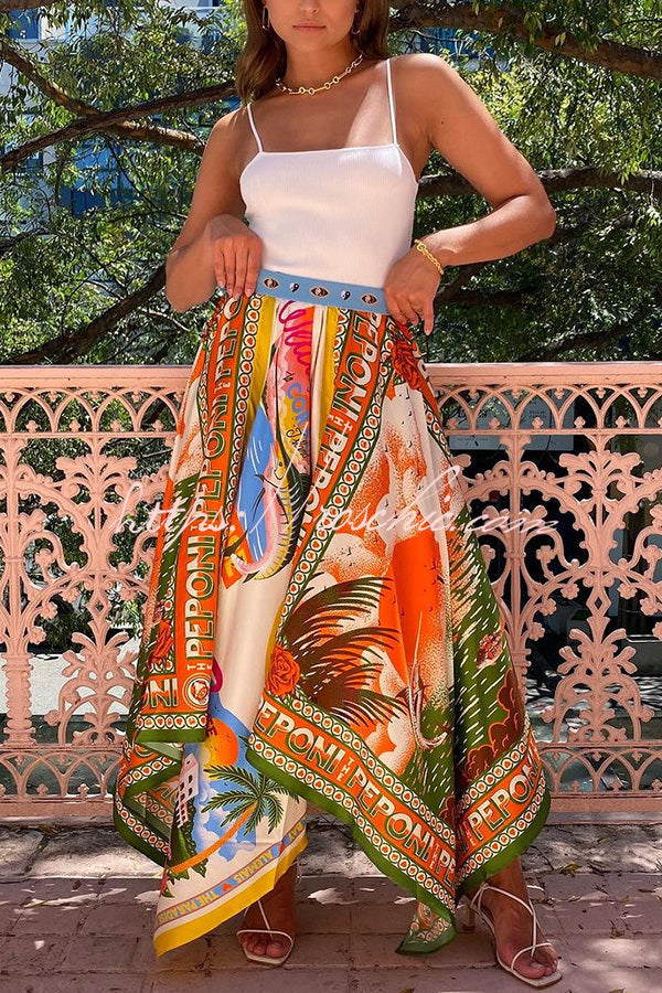 Summer Destination Satin Unique Print Elastic Waist Irregular Hem Maxi Skirt