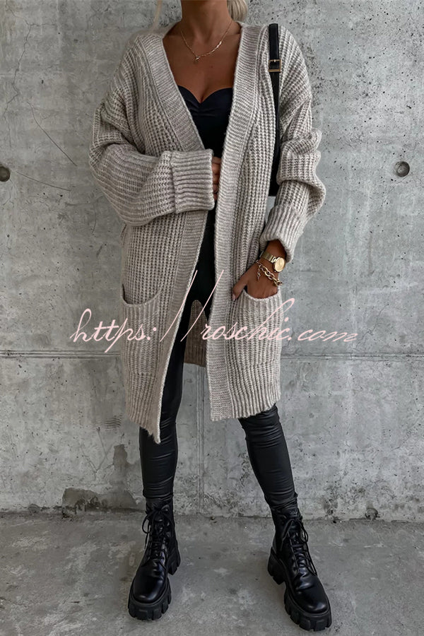 Solid Color Striped Pocket Long Sleeve Cardigan