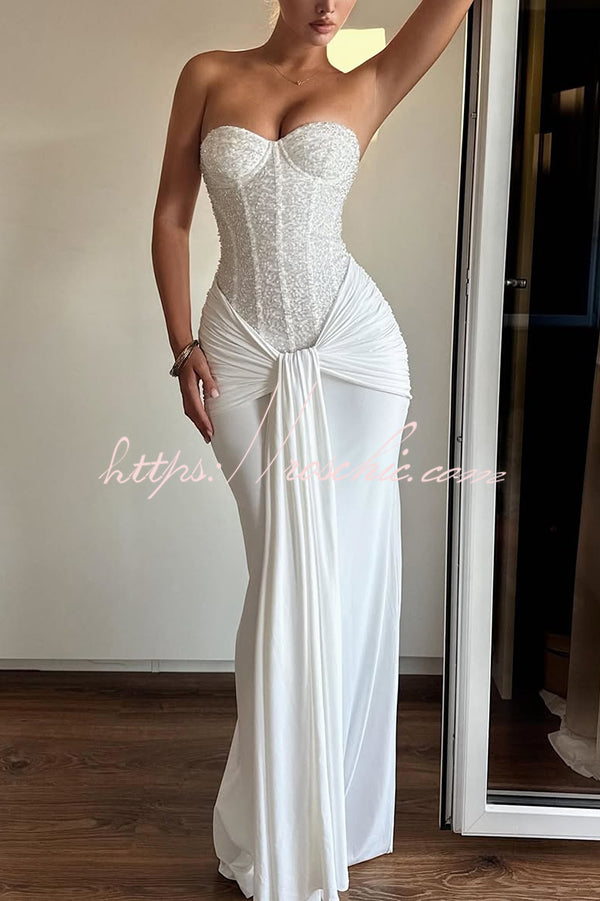 Carina Sequined and Satin Jersey Off Shoulder Ruched Knot Drape Maxi Dress
