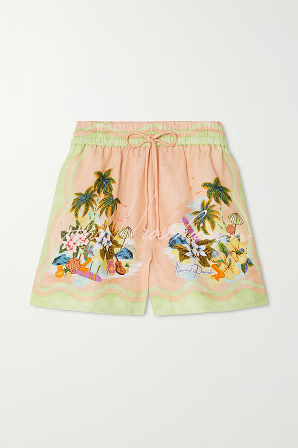 Coconut Scenery Linen Blend Tropical Print Blouse and Elastic Waist Pocketed Shorts Set