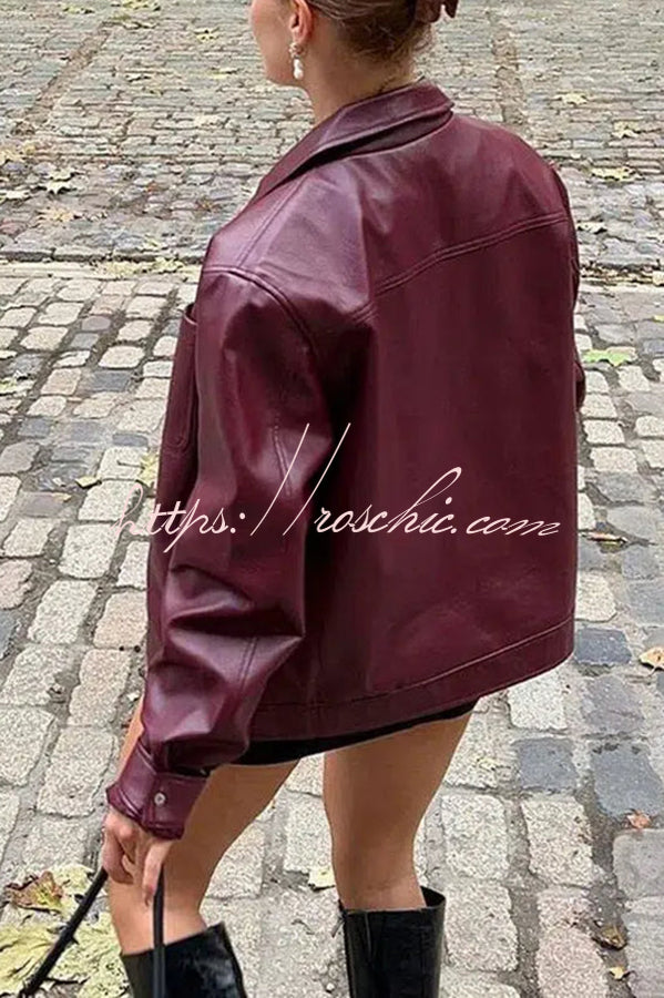 Y2K Burgundy Faux Leather Pocketed Zipper Loose Jacket