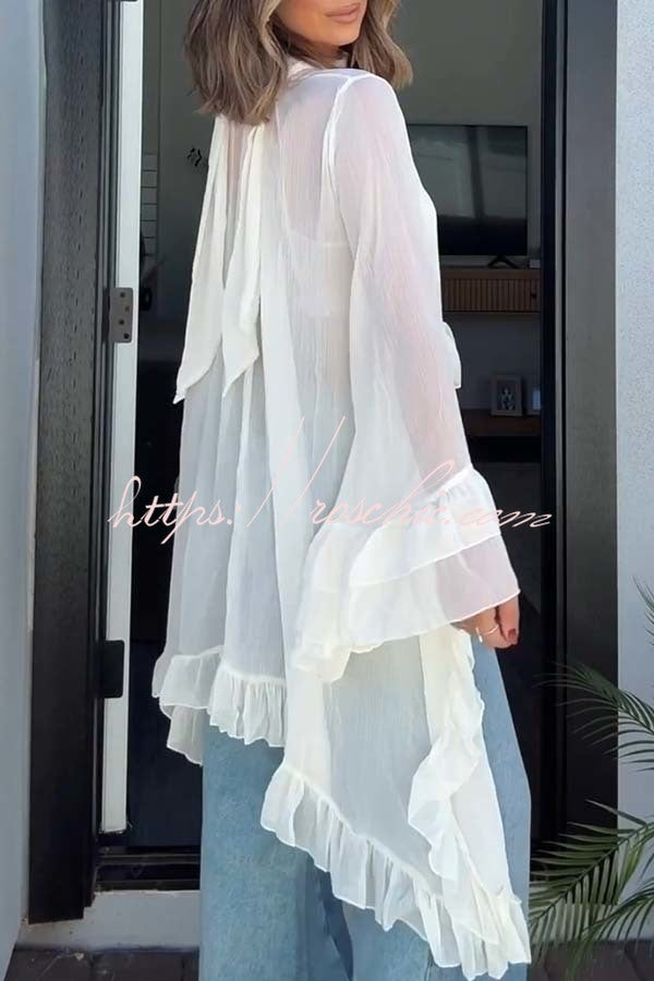 Flowy See-through Ruffle Tie-up Neck Bell Sleeve High-low Hem Cape Shirt