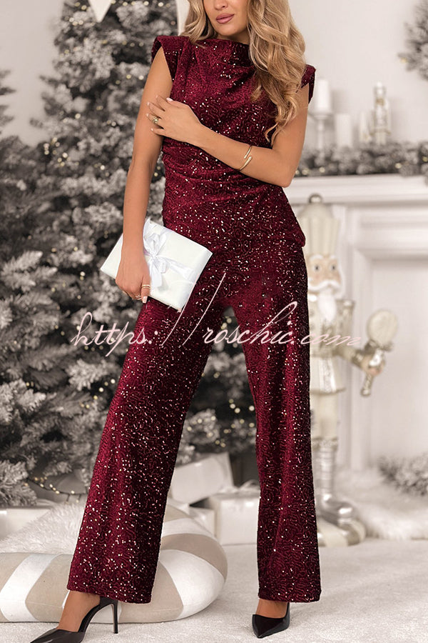 Stylish Sparkly Velvet Sequin Sleeveless Pleated Top and Casual Wide-leg Pants Set