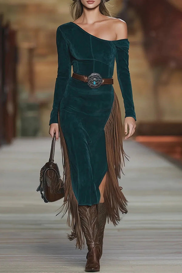 Stylish Slant Collar Long Sleeve Slim Fit Tassel Midi Dress