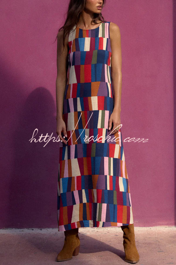 crew neck sleeveless maxi dress Retro Chic Linen Blend Colorful Color Block High Round Neck Sleeveles –  roschic